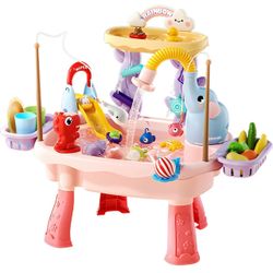 4-in-1 Water Table Kids Sensory Table with Electric Water Pump & Faucet, Kitchen Play Sink Toys with Food Accessories, Fishing Toy