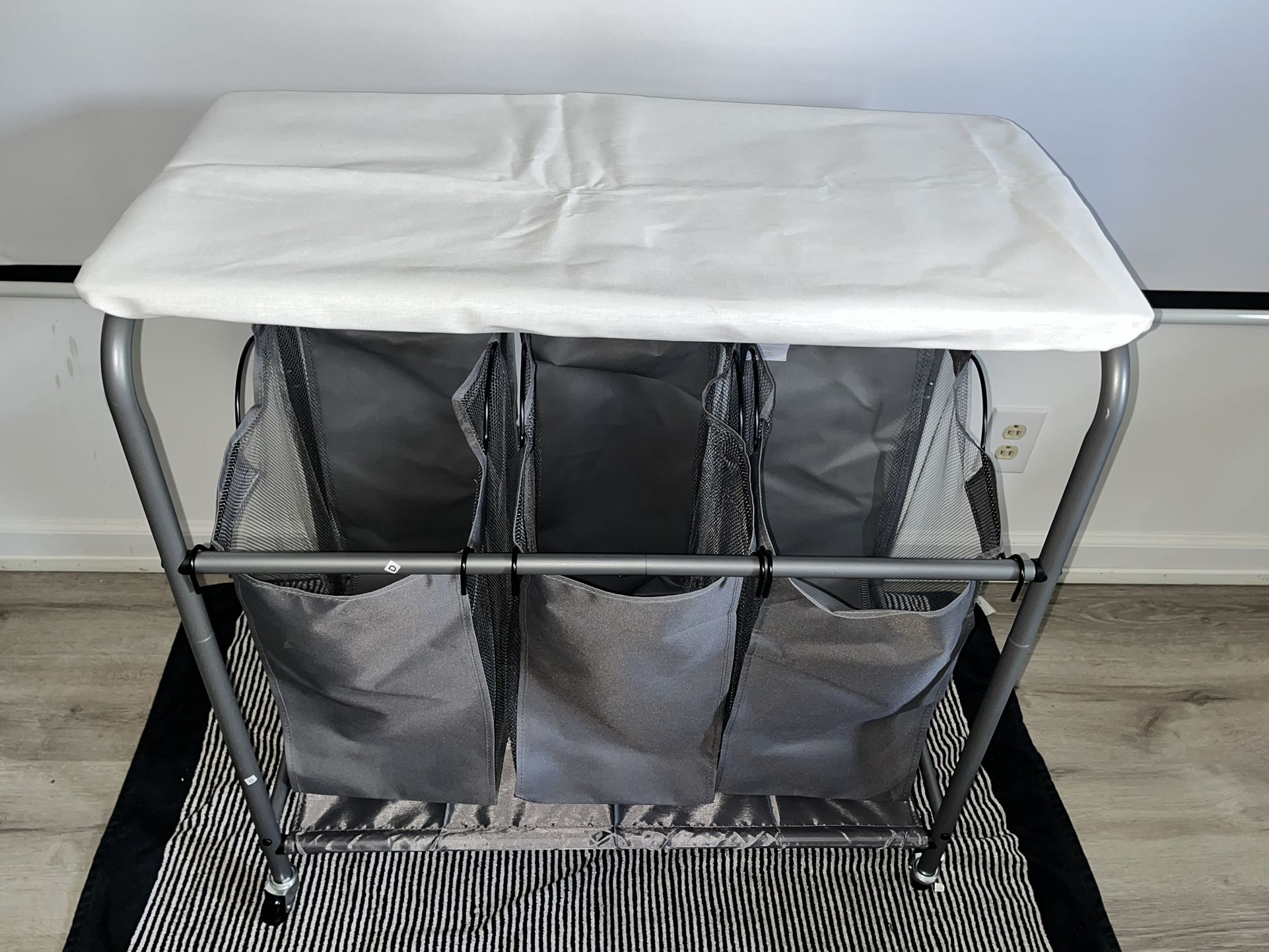 STORAGE MANIAC 3-Section Laundry Sorter with Foldable Ironing Board, Heavy-Duty Rolling Laundry Cart with and Removable Bags, Triple Laundry Hamper