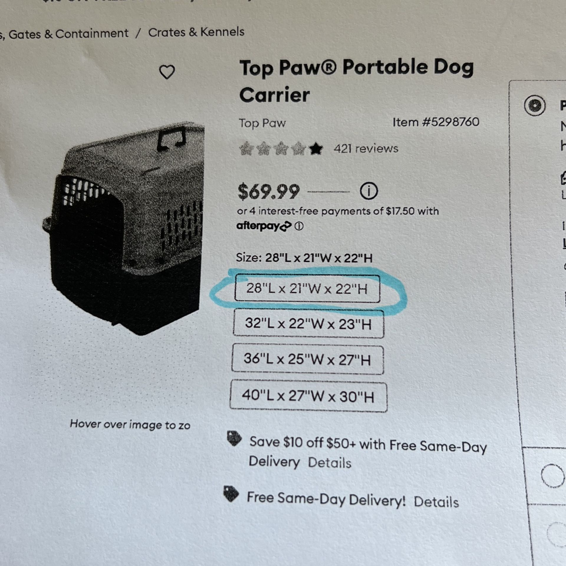 Dog crate. Size 28lx21wx22h