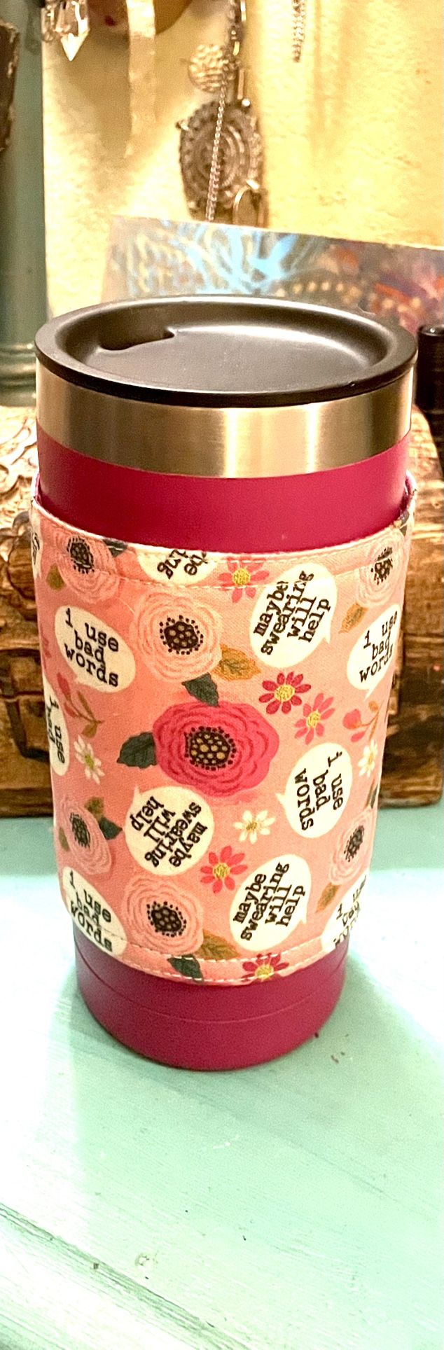 Pink Stainless steel coffee Tumbler with reversible sleeve (funny!)
