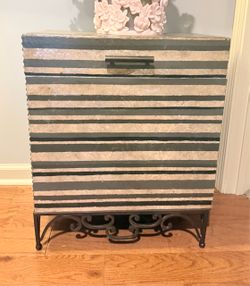 Unique Striped Metal Storage Chest / Trunk with Scroll Base