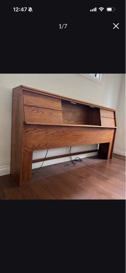 Vintage Mid Century Modern Solid Wood King Size Headboard with Sliding Doors and Power Outlets