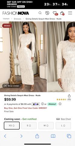 FASHION NOVA Giving Details Sequin Maxi Dress Nude XS BRAND NEW