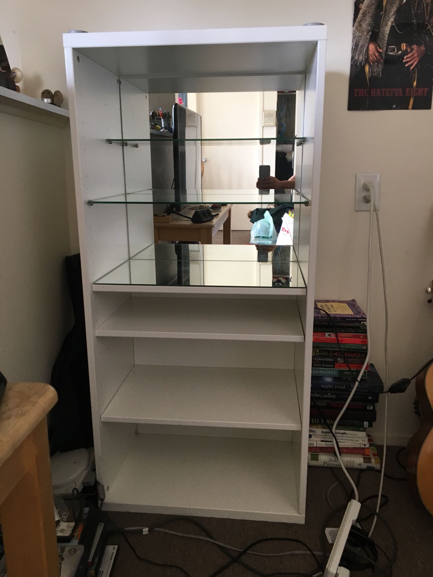Narrow White Bookcase with Mirror Back