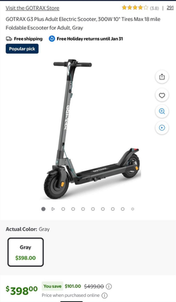 GOTRAX G3 Plus Adult Electric Scooter, 10" Tires Foldable Escooter for Adult, Gray
