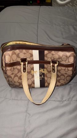 Coach Heritage Stripe Signature Satchel featuring the brand's classic Monogram