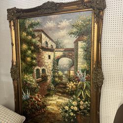 Italian Courtyard and Landscape Oil Painting - 61” x 86”