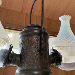 Antique Double Kerosene Angle Lamp With Matching Swirl Shades