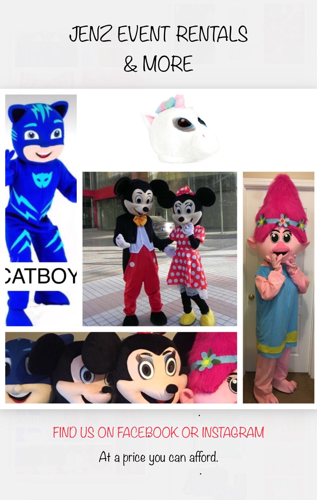 Mascots, Costumes, Mickey & Minnie Mouse, Troll Poppy, Cat Boy, PJ Mask.