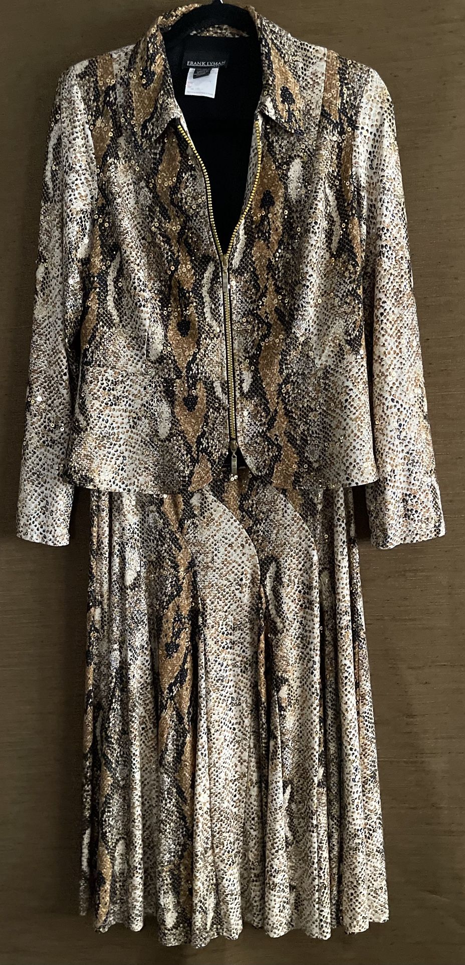 Frank Lyman 2pc Snake Skin Brn/Black Gold Sequined ZipUp Jacket Skirt Suit Sz 12