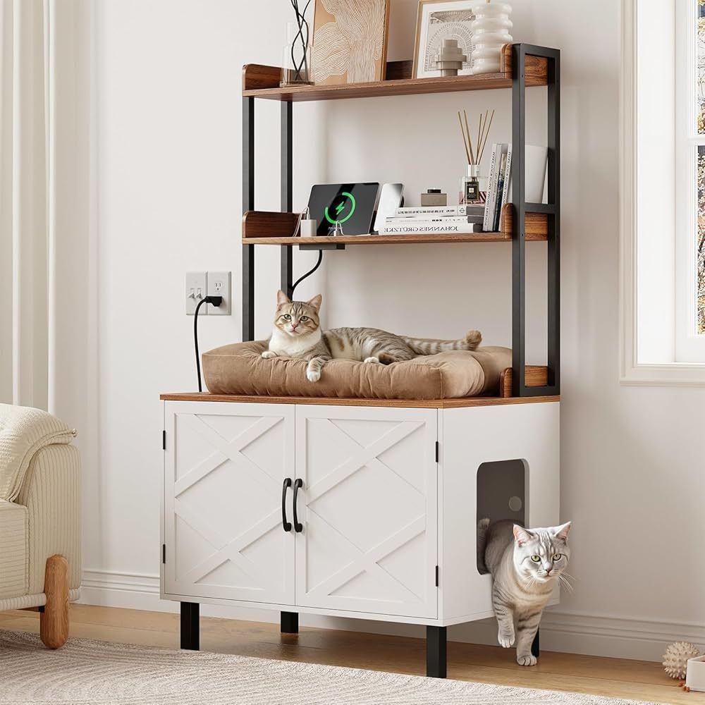 55 Inches Cat Litter Box Enclosure, Hidden Litter Box Furniture with 2 Storage Shelves and Charging Sockets, Wooden Cat House, Large Indoor 