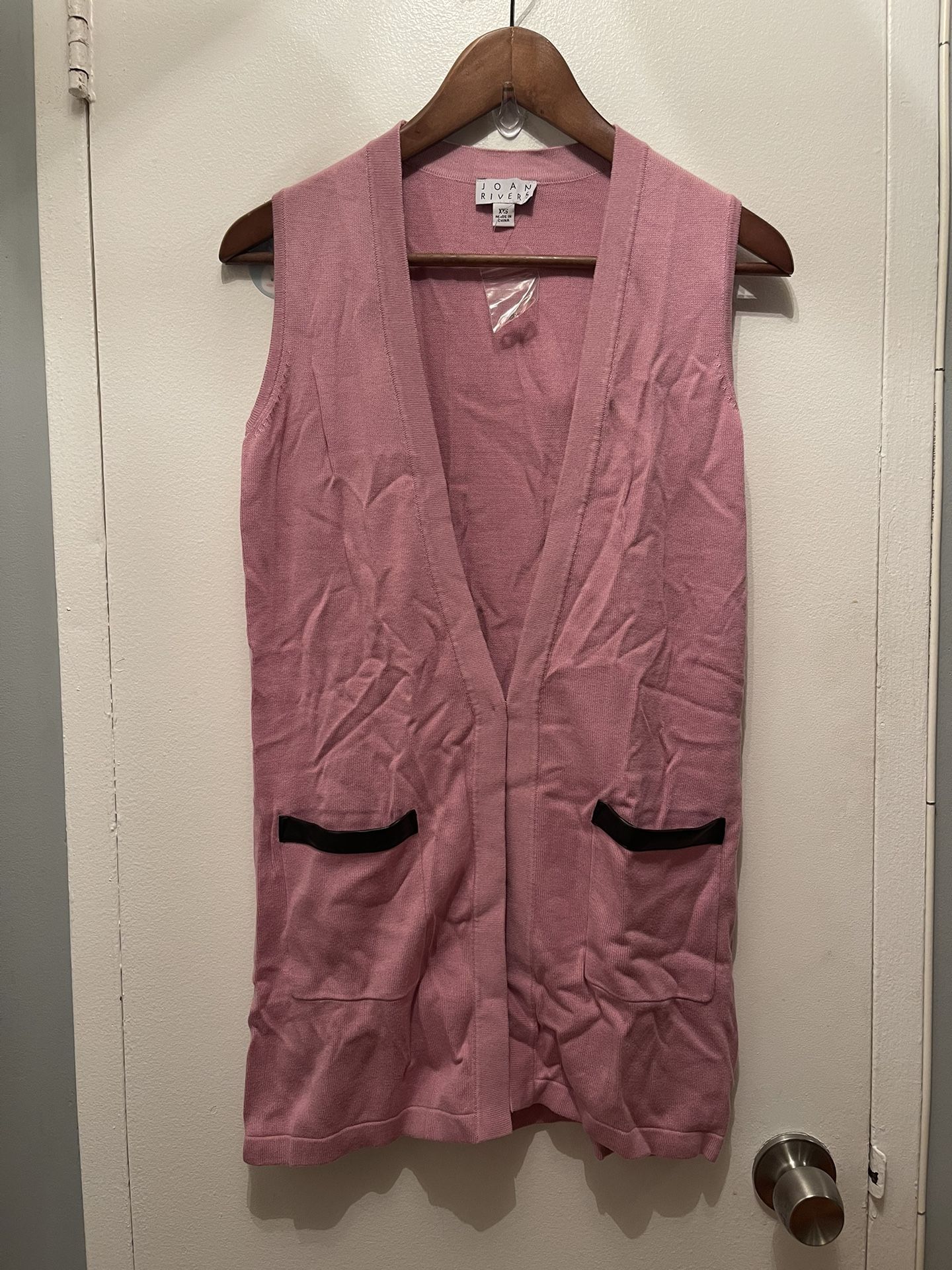 Long Sweater Vest Pink With Faux Leather Trimm Size XXS. By Joan Rivers