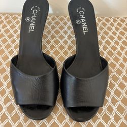 Chanel Black Leather Pearl Heel Mules – Size 40.5