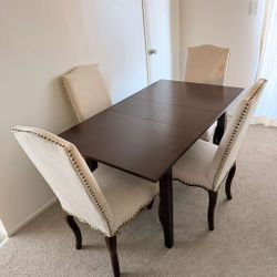 Expandible Walnut Dining Table & 4 Studded Chairs - Firm Price