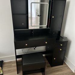 Modern Vanity Desk with Mirror, Lights & Storage – Black