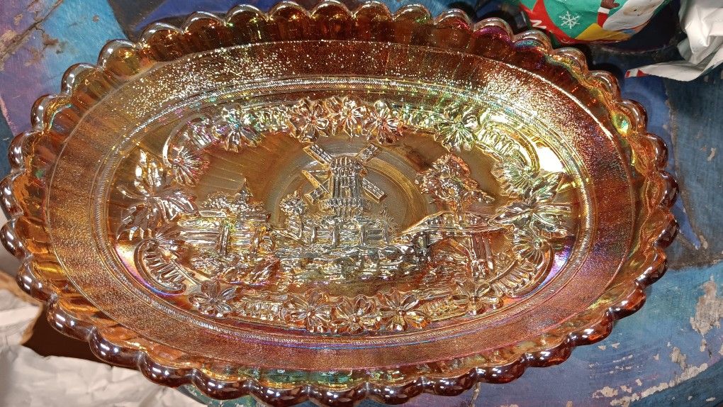 Vintage Imperial Carnival Glass Windmill Dish: Iridescent Marigold Oval Bowl