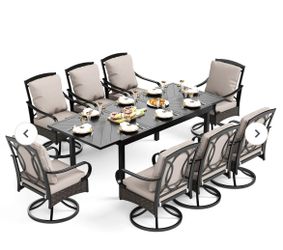 9-Piece Outdoor Dining Set With Extendable Table & Rattan Swivel Chairs