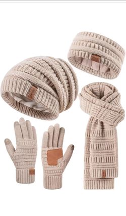 Womens Winter Beanie Hat Scarf Gloves Headband Set