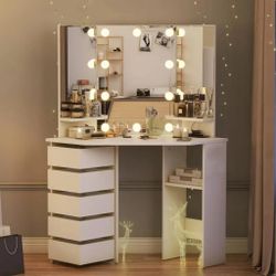 Corner Vanity Desk with 3 HD Mirrors and Lights, Makeup Dressing Table with Outlet, Vanity Station with 3 Color Lighting, Adjustable Brightness, 5 Rot