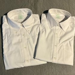 Two New Brooks Bros White Long-sleeve Button Down Dress Shirts Size 15-34 Slim Fit