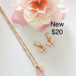 Butterfly Pink Charm Necklace & Earrings