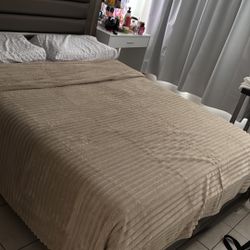 Queen-size bed frame without the mattress, including the headboard.