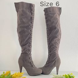 Womens Gray Knee High Boots Suede ish Button Zipper Size 6