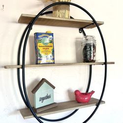 Rustic Shelf Bookshelf Wood & Metal Unique Oval Shape 