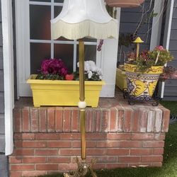 Antique Brass Lamp With Fringed Lamp Shade And Decorative Koi Fish Legs