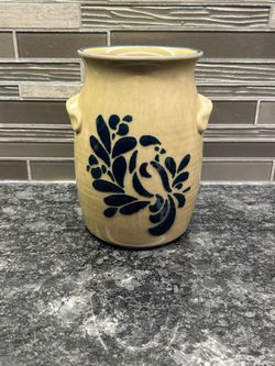 Vintage Pfaltzgraff Folk Art Utensil Crock | Blue Floral Stoneware Kitchen Caddy