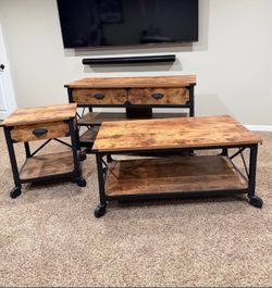 3-Piece Rustic Industrial Furniture Set – Coffee Table, End Table & Console