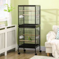 55" 2 In 1 Bird Cage Aviary Parakeet House for finches, budgies with Wheels, Black