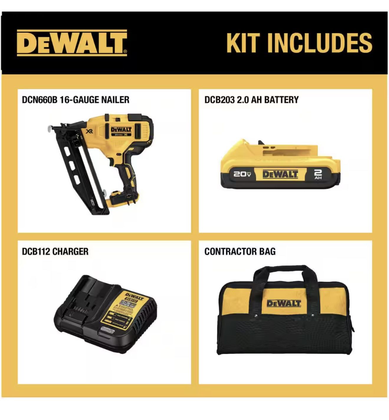 Brand New DEWALT 20V MAX XR 16-Gauge Cordless Angled Finish Nailer Kit – DCN660D1