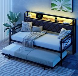 Twin Daybed with Trundle and Charging Station, Black Built-in Charging Station, Integrated LED Lighting, Pull-Out Twin Trundle, Storage Headboard Shel