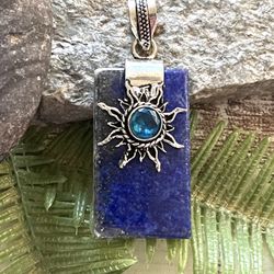Lapis Lazuli & Blue Topaz Sun Silver 2” Gemstone Pendant