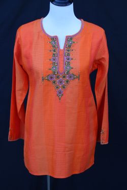 Vintage Eastern Indian Orange Silk Top w/beautifully embellished Neckline & Cuff