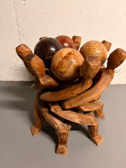 Hand-Carved Wood Figurine Sculpture with Spheres