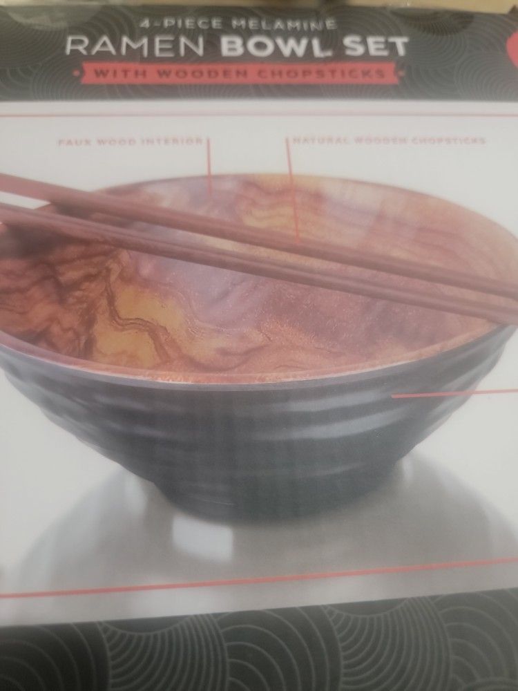 4 Piece Melamine Ramen Bowl Set With Wooden Chopsticks
