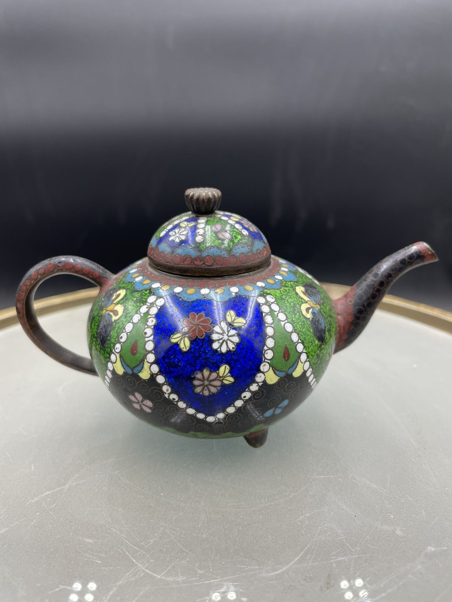 Vintage/Antique Chinese Cloisonné Enameled 5” Tea Pot Floral/Butterfly Motif