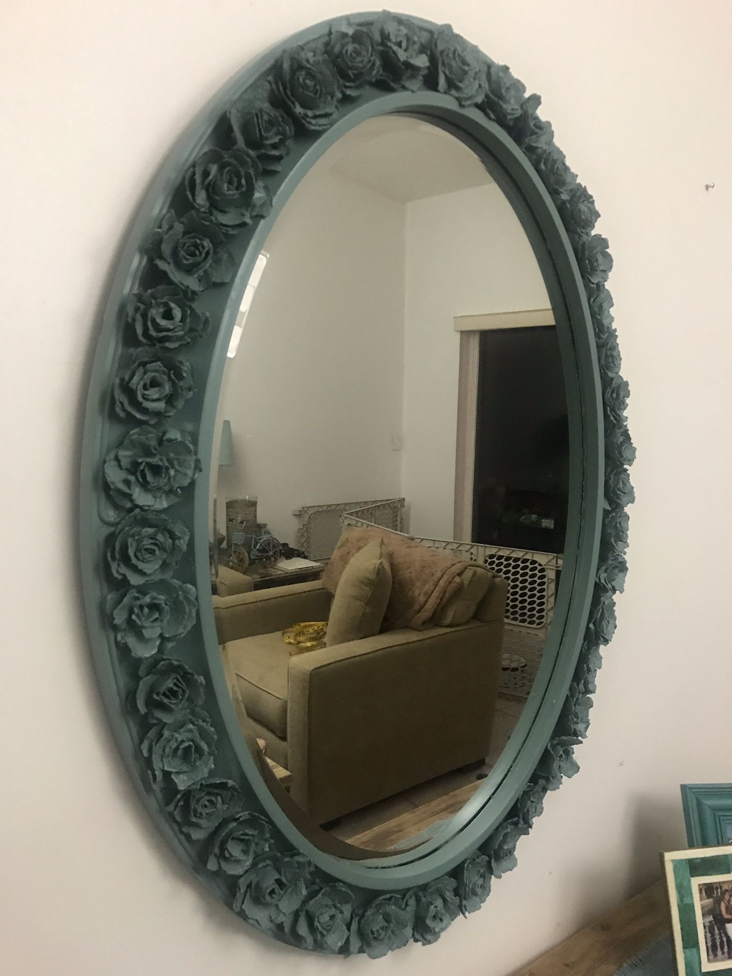 Gorgeous oval mirror with hand made flowers!