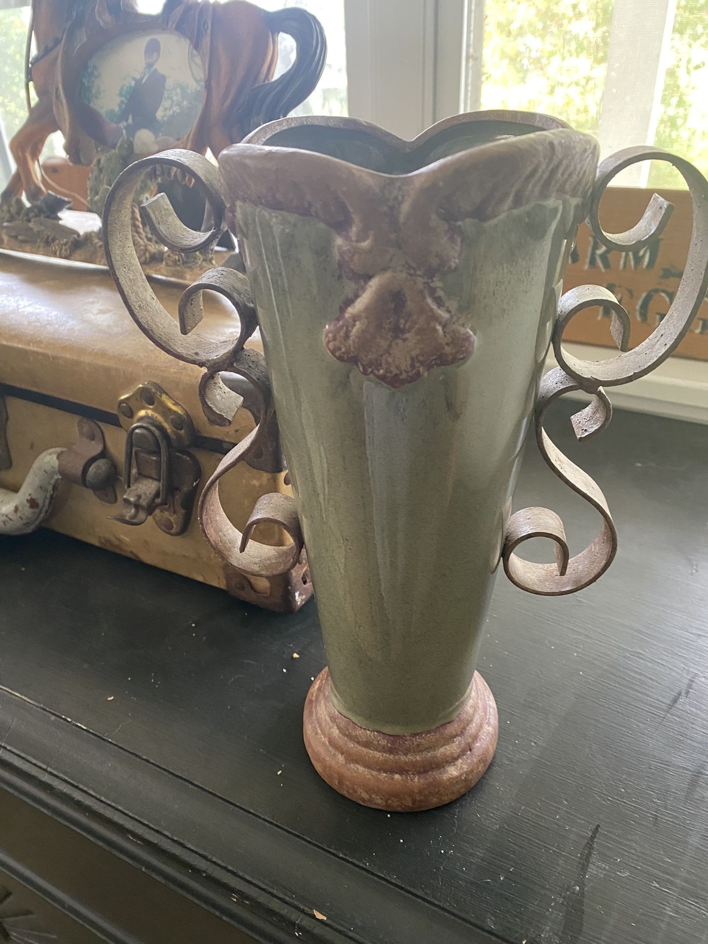 Green And Brown Ceramic Vase With Metal Scroll Handles