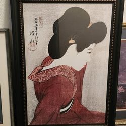 Japanese Woodblock Print, Woman Looking At A Mirror