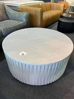 Round wooden coffee table with storage，$480