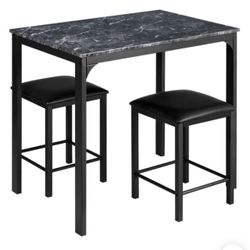 3 Piece Counter Height Dining Set Faux Marble Table 2 Chairs Kitchen Bar Black