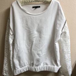 Boston Proper White Lace-Sleeve Pullover Sweatshirt