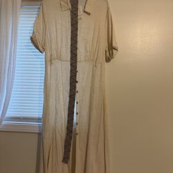 This product is a new size 12 maxi dress in sand color from the brand Primark. It is designed for women and features a colorful theme. The dress is pe