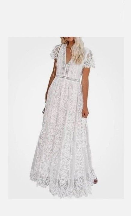 NEW White Dress V Neck Short Sleeve Floral Lace Wedding Bridal Shower Engagement Boho Size Small