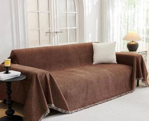 MYSKY HOME Chocolate Couch Cover Non Slip Dog Sectional Sofa Cover for 3 Cushion Couch Sofa Slipcover with Tassels Futon Cover Non Slip Washable Furni
