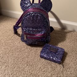Disney Purple Sequins Loungefly Backpack And Wallet