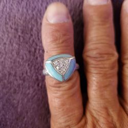 Vintage 1960'S Sterling Silver Turquoise Inlay CZ Boarder Settings Size 9-1/4